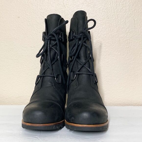 Sorel Joan of Artic Wedge Mid Women's 10 Black Leather Boots Booties Calf Length - Picture 3 of 9